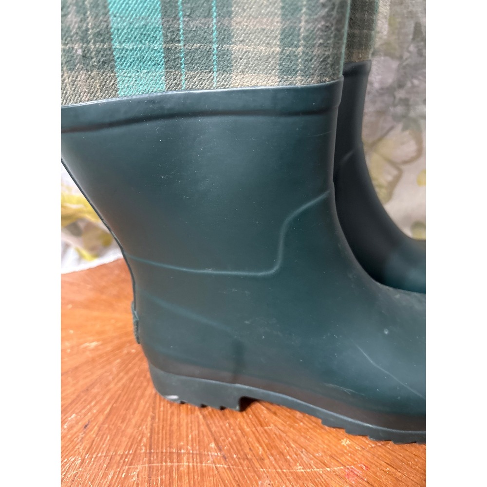 Womens Tall Hunter Green Plaid Rubber Rain Boots Knee High Waterproof Wellies - Picture 4 of 10